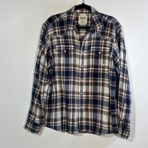 Ariat Retro Fit Pearl Snap Plaid Long Sleeve Button Shirt Mens Medium Blue White